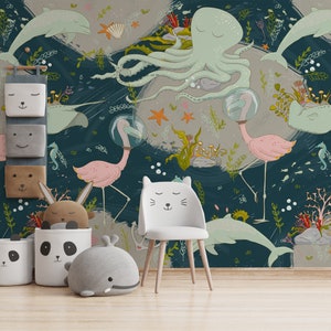 Underwater World, Marine Life, Flamingo Pattern, Wallpaper for Kids, Nursery Wall Mural, Peel and Stick, Self-Adhesive, Wall Decor