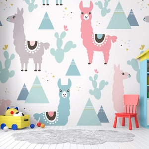 Carta da parati lama, motivo con cactus e montagne, colori pastello | Stacca e incolla, autoadesivo, camera per neonati e bambini, murale rimovibile per la cameretta dei bambini