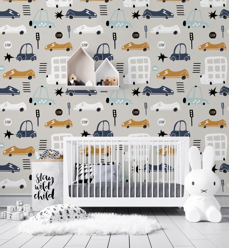 Gray Wallpaper for Kids With Cartoon Cars and Road Signs, Nursery Wall ...