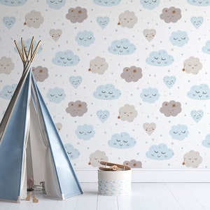 Carta da parati con nuvole per bambini, cielo, carta da parati per la cameretta dei bambini, stacca e incolla, autoadesiva, rimovibile, decorazione da parete