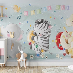 Cute safari animal wallpaper, removable, Nursery Wall Art, Self Adhesive (Peel and Stick), Non Self Adhesive (Vinyl)