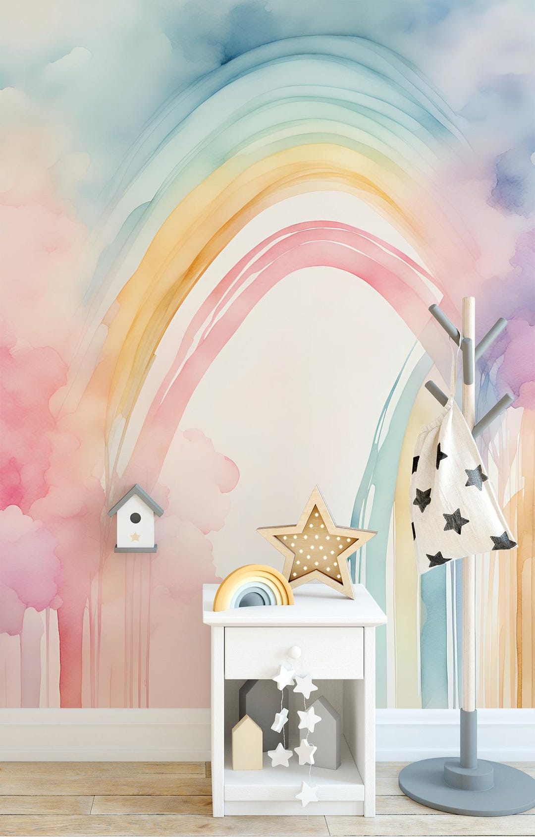 Rainbow Pastel Watercolor Wallpaper, Wall Decor, Kids Wall Art, Nursery ...