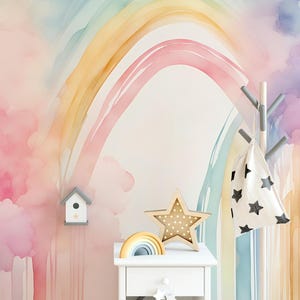 Rainbow pastel watercolor wallpaper, Wall Decor, Kids Wall Art, Nursery removable Wall Mural, Peel and Stick OR Non Self Adhesive (Vinyl)
