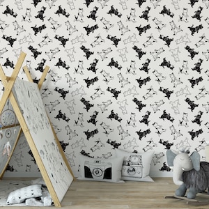 Zwart-wit cartoon kat behang, dierlijke doodle wanddecoratie, kunst aan de muur, kinderkamer muur muurschildering, Peel en Stick OF niet zelfklevend (Vinyl)