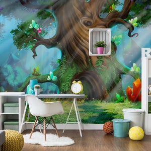 Carta da parati per bambini con foresta, decorazione da parete per bambini, decorazione murale per bambini, stacca e incolla, autoadesiva, rimovibile, decorazione da parete