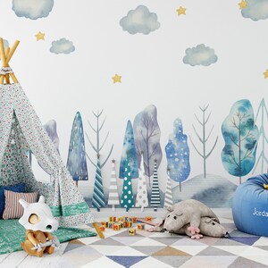 Watercolor winter landscape wallpaper, tree and cloud, Nursery Wall Art, Self Adhesive (Peel and Stick), Non Self Adhesive (Vinyl)
