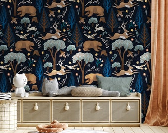 Wallpaper with trees and animals, Nursery Wallpaper, Peel & Stick, Self-Adhesive, Removable, Wall Decor