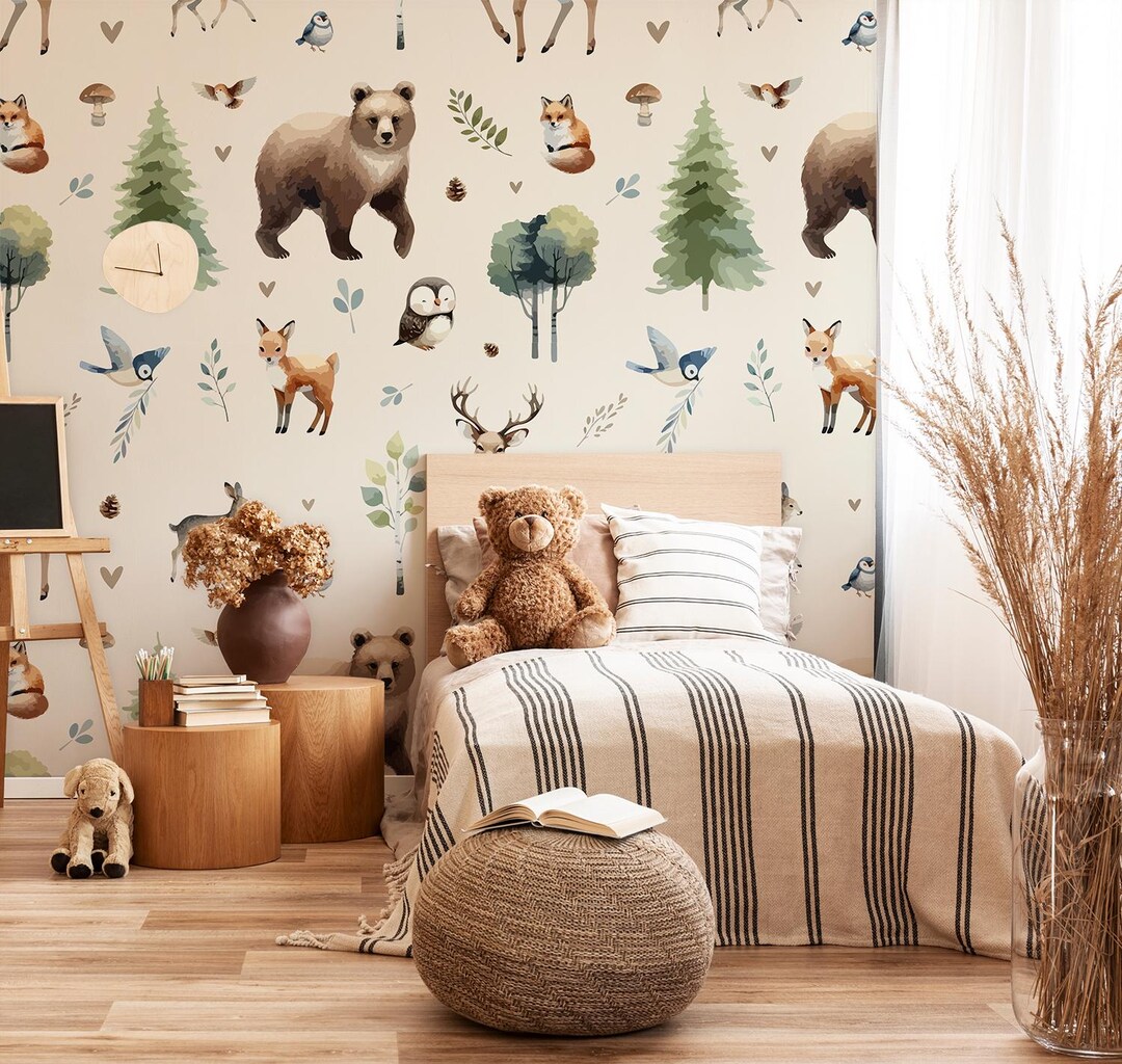Wild Animals Wallpaper, Forest Pattern Wall Decor, Nursery Removable ...