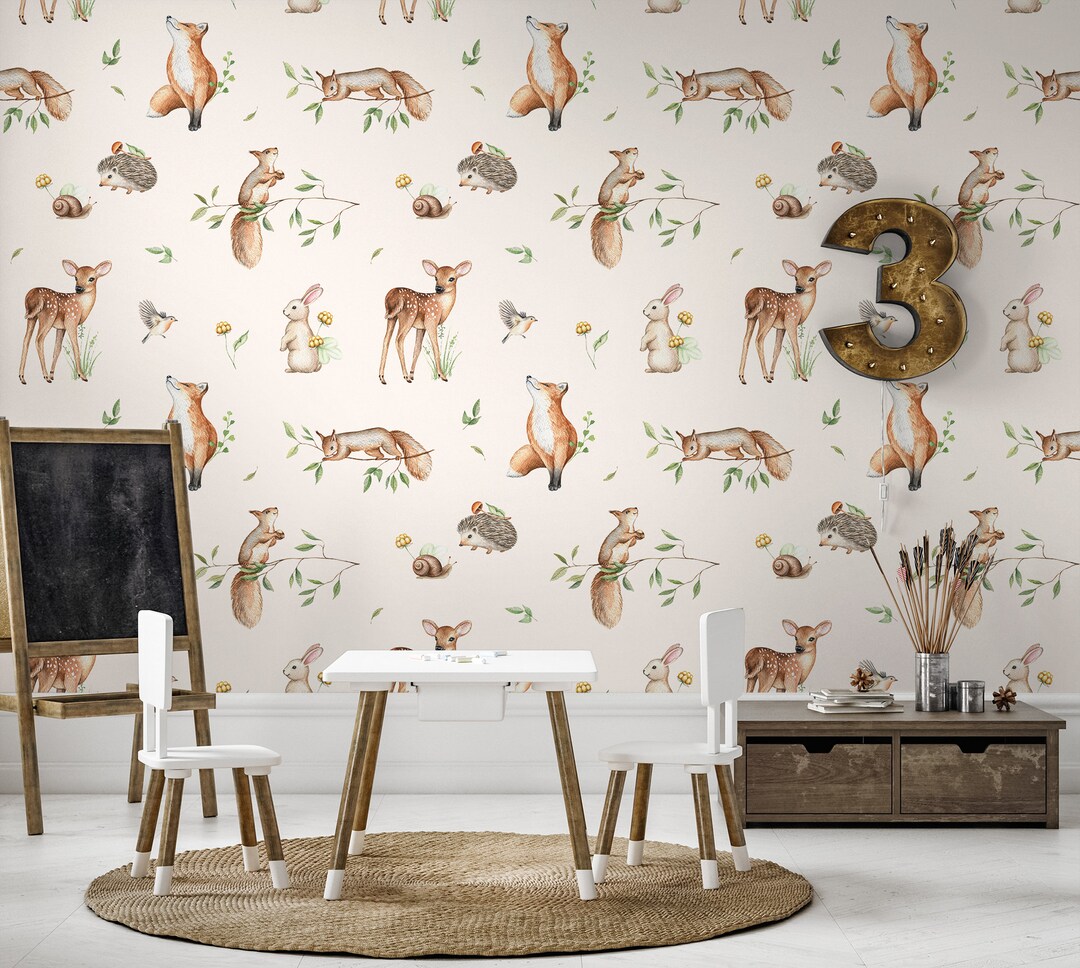 Woodland Wallpaper With Wild Animals, Wall Decor, Self Adhesive peel