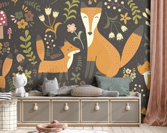 Beautiful Fox Family Wallpaper, Scandinavian pattern, Wallpaper for Kids, Nursery Wall Mural, Peel and Stick, Self-Adhesive, Wall Decor
