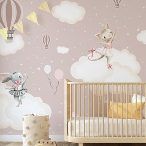 Cartoon animal wallpaper, clouds Wall Mural, Removable, Self Adhesive (Peel and Stick), Non Self Adhesive (Vinyl)