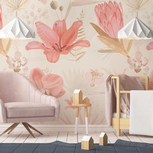 Lily & orchid warm floral wallpaper, pastel botanical Wall Decor, Nursery removable Wall Mural, Peel and Stick OR Non Self Adhesive (Vinyl)