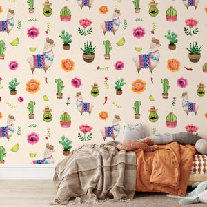 Carta da parati con lama, alpaca e cactus, motivo per bambini, decorazione murale rimovibile per cameretta dei bambini, staccabile e attaccabile o non autoadesiva (vinile)