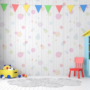 Pastel circles, stripes pattern, geometric wallpaper, Nursery Wall Mural, Peel and Stick, Self-Adhesive, Wall Decor