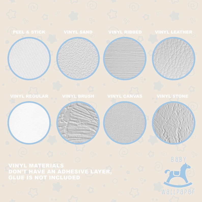 May include: A chart showing different types of vinyl wallpaper for baby rooms. The chart shows 8 different textures of vinyl wallpaper, including peel and stick, sand, ribbed, leather, regular, brush, canvas, and stone. The text "Vinyl Materials Don't Have An Adhesive Layer, Glue Is Not Included" is at the bottom of the chart. The text "Baby Wallpaper" is at the bottom right of the chart.