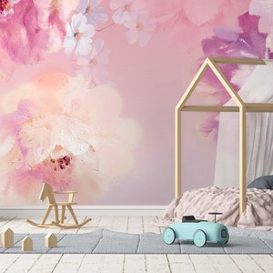 Carta da parati per bambini con peonie rosa, murale floreale, carta da parati per bambini, murale per cameretta dei bambini, stacca e incolla, autoadesivo, decorazione da parete