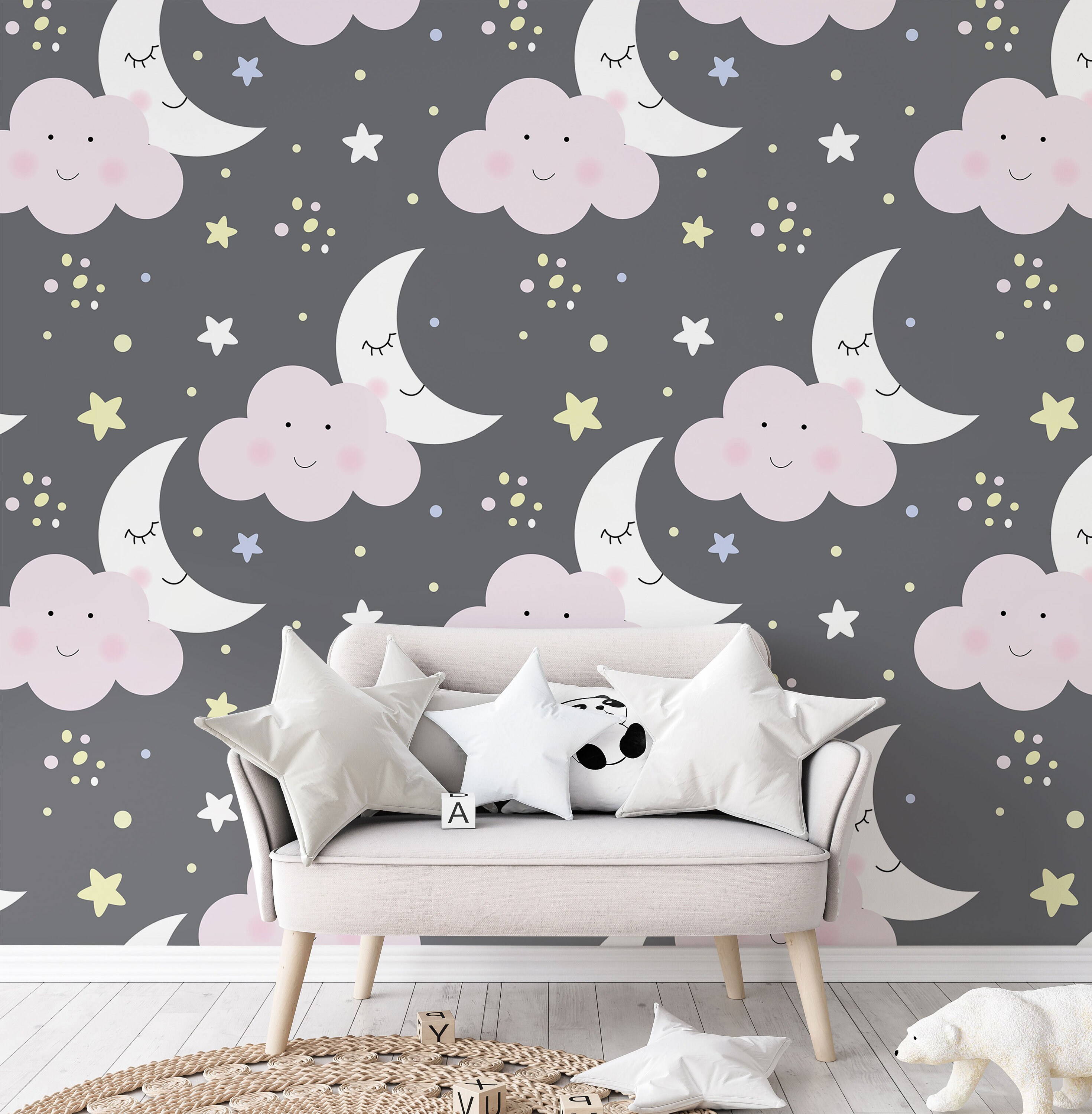 Wallpaper With Moon, Cloud and Stars, Nursery Wall Mural, Peel and ...