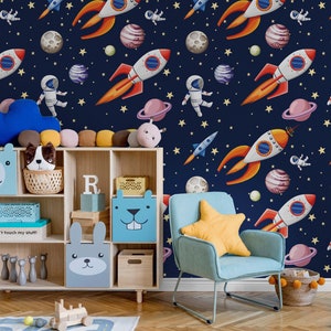 Wallpaper of space elements, space, rockets, planets, stars, Nursery Wallpaper, Peel & Stick, Self-Adhesive, Removable, Wall Decor