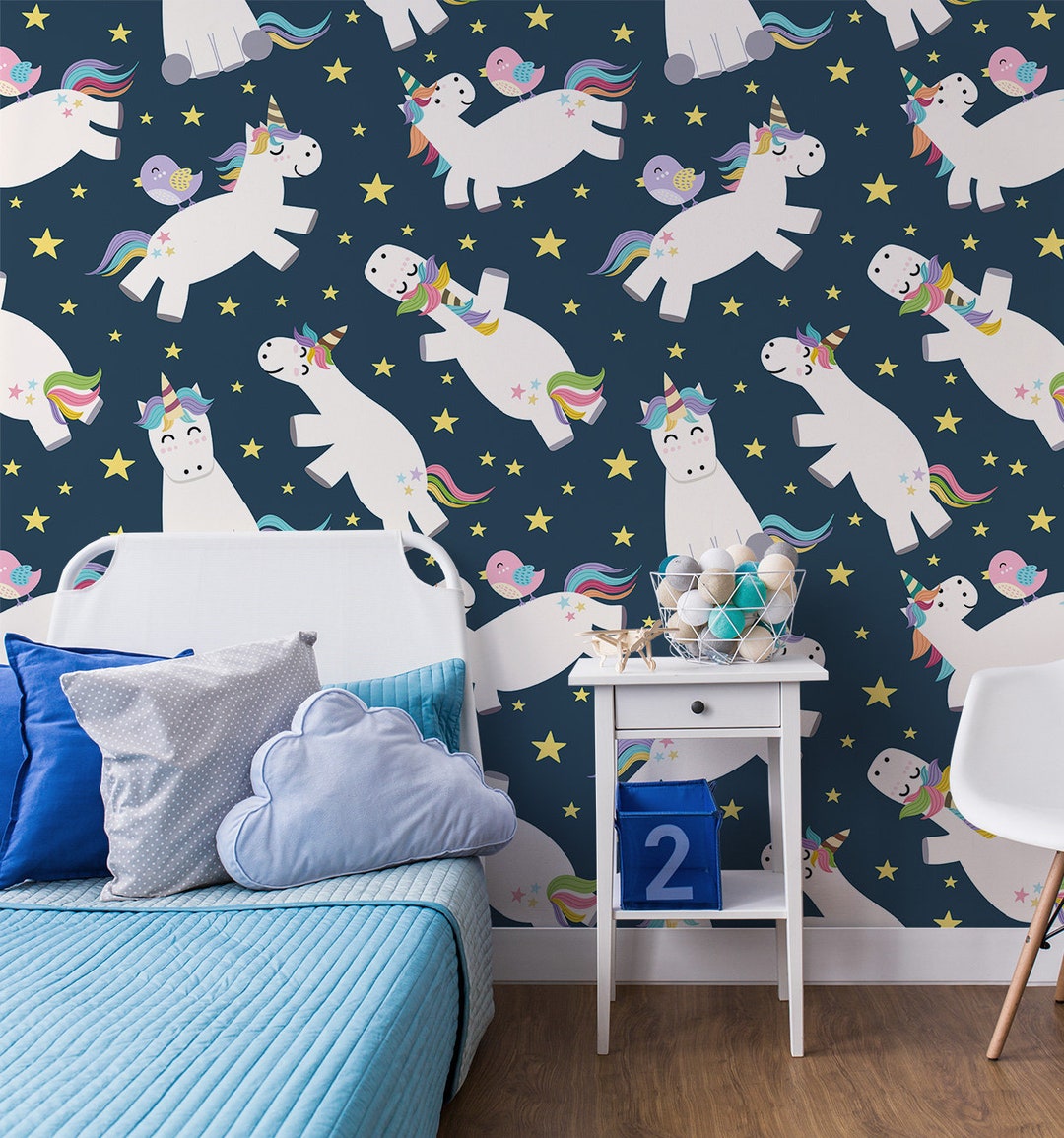 Niedliche Tapete mit einem Einhorn, das in den Himmel fliegt,  Kinderzimmertapete, abziehen und aufkleben, selbstklebend, abnehmbar,  Wanddekoration - Etsy Österreich, image size:1080x1155