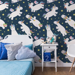 Carta da parati carina con unicorno che vola nel cielo, carta da parati per la cameretta, stacca e incolla, autoadesiva, rimovibile, decorazione da parete