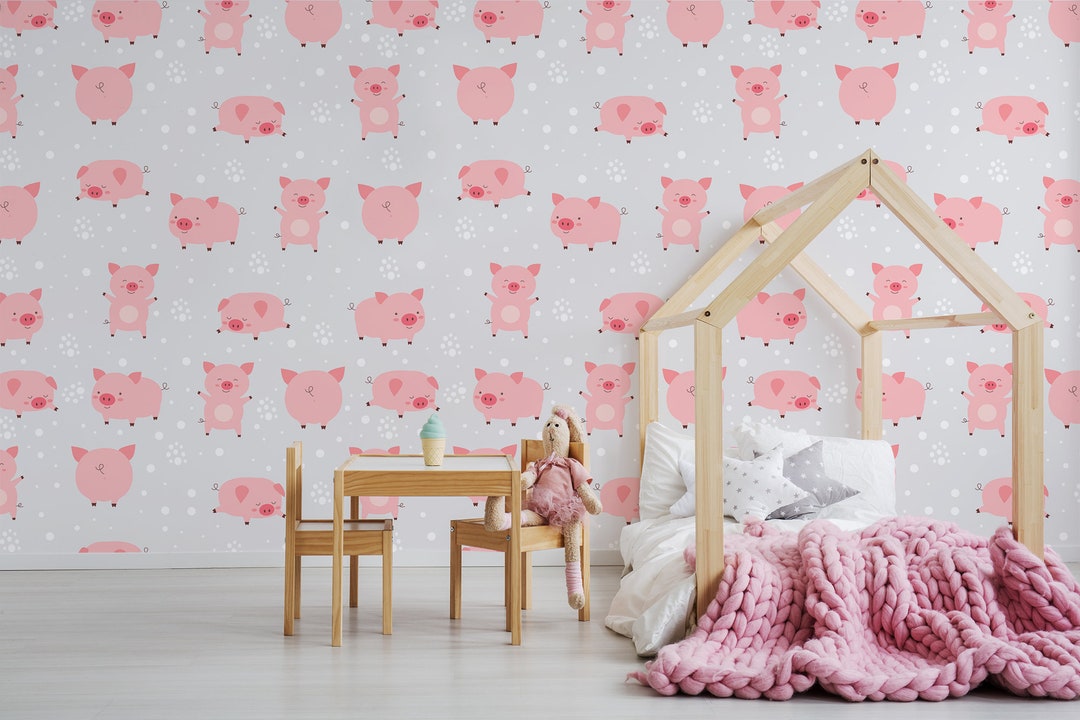 Gray Wallpaper With Cute Pink Pigs, Piglets, Animal Home Decor, Nursery  Wall Mural, Peel and Stick, Self-adhesive, Removable, Wall Decor
