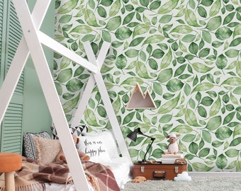 Papel tapiz de hojas verdes de acuarela, mural de pared para habitación infantil, autoadhesivo, para despegar y pegar, decoración de pared