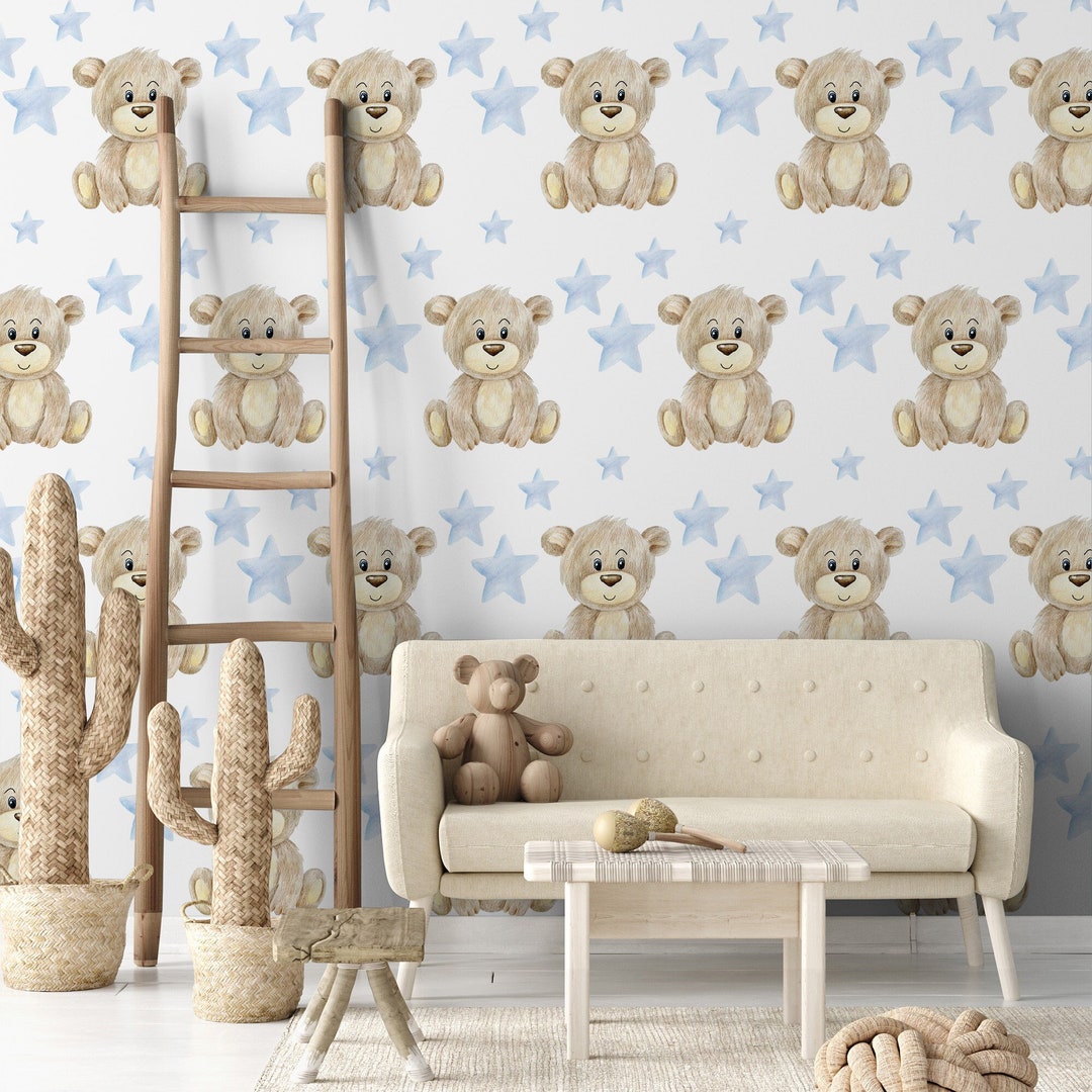 Pastel Wallpaper With Teddy Bear, Star Home Decor, Removable Wall