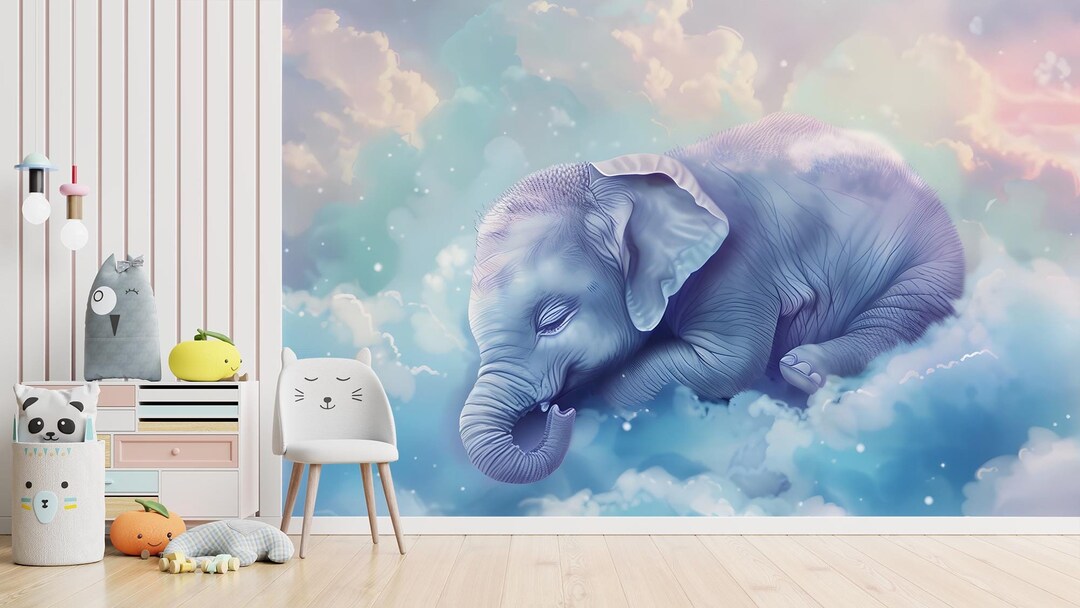 Little Sleeping Elephant Wallpaper, Baby Animal Wall Decor, Wall Art ...