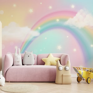 Carta da parati arcobaleno pastello, sfondo unicorno con nuvola, Decorazione murale, Rimovibile, Autoadesiva (stacca e incolla), Non autoadesiva (vinile)