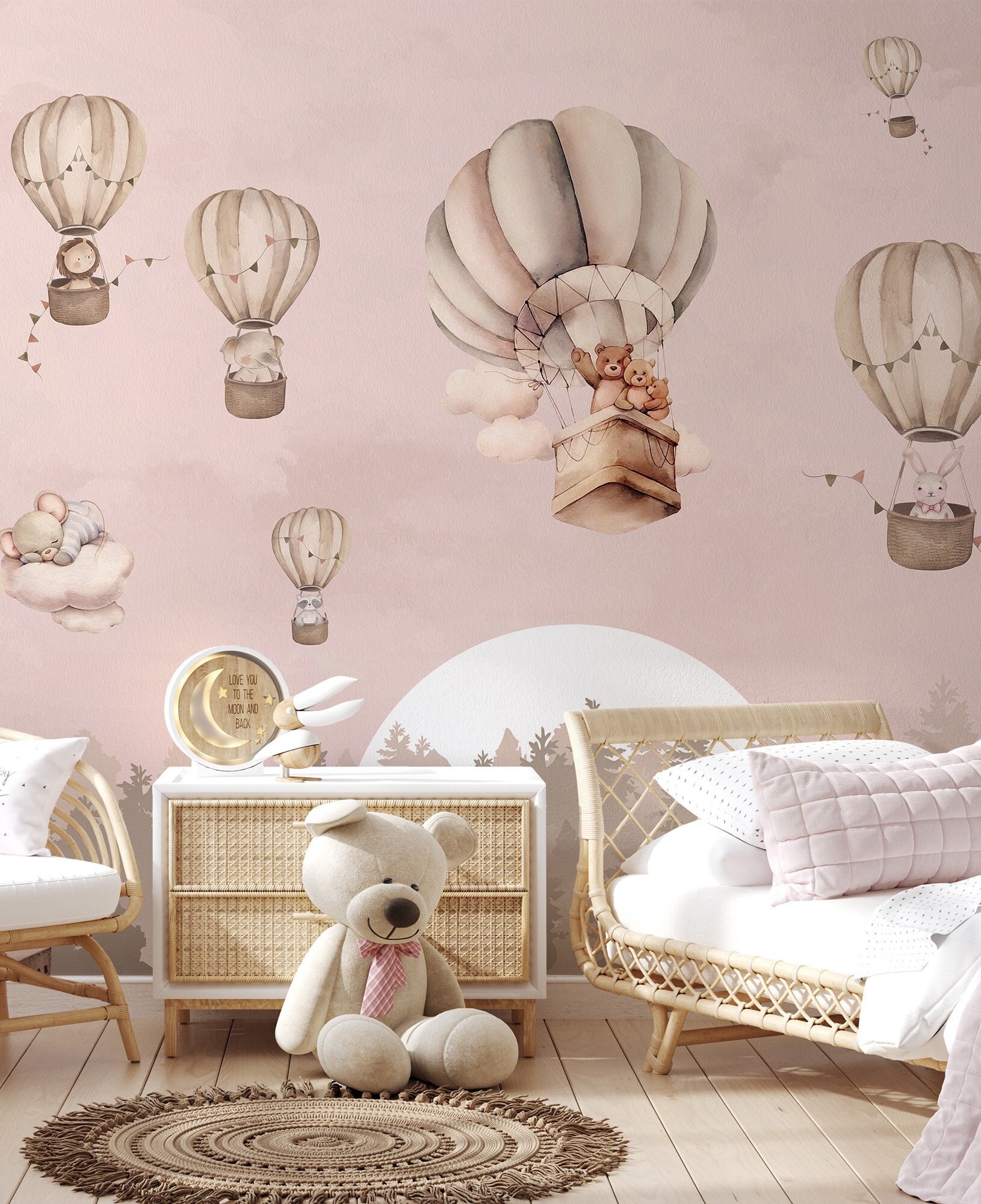 Baby Animal Wallpaper, Hot Air Balloon Pattern, Pines, Blush Pink ...