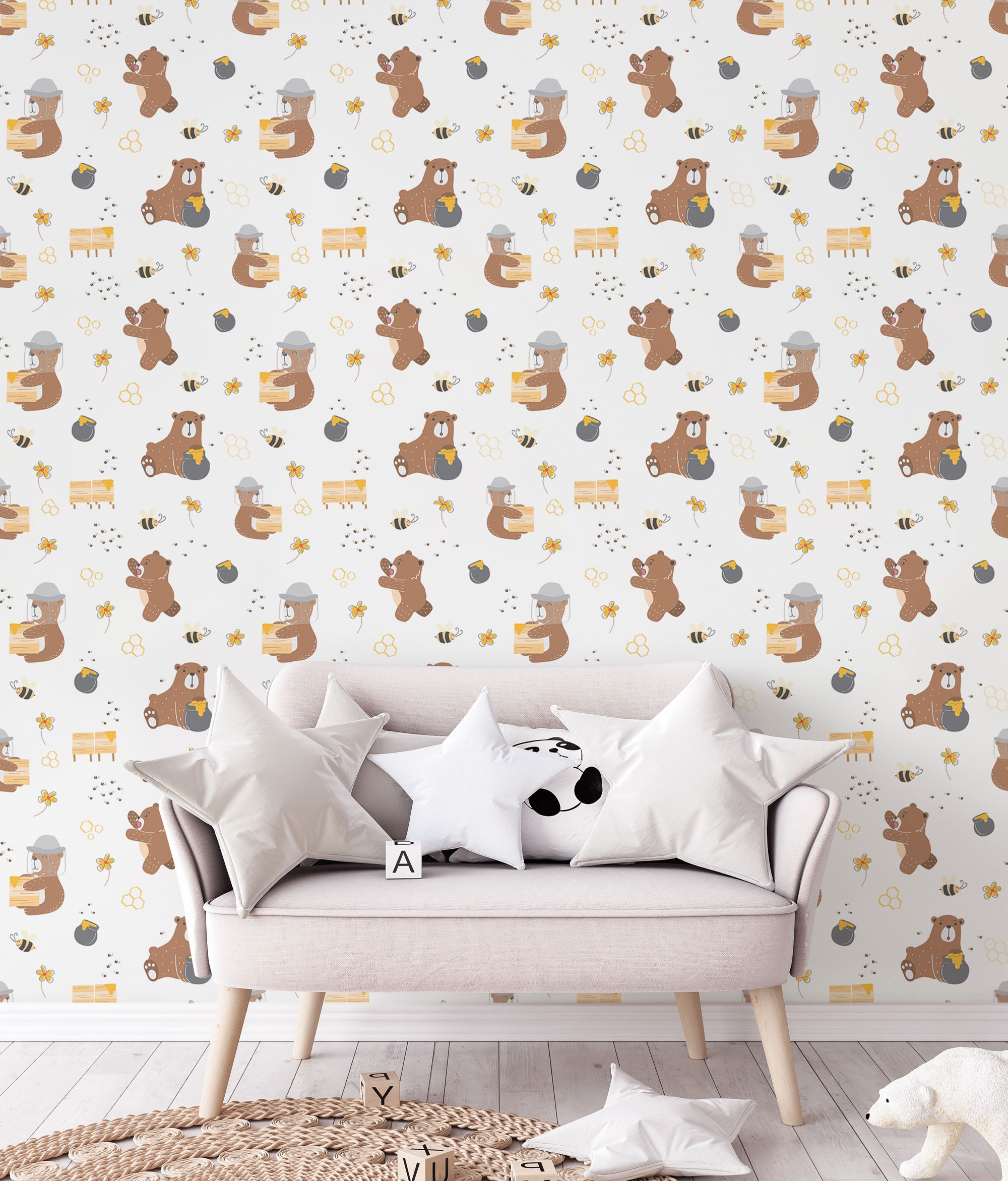 Baby Wallpaper With Honey Bear, Nursery Wall Mural, Peel and Stick