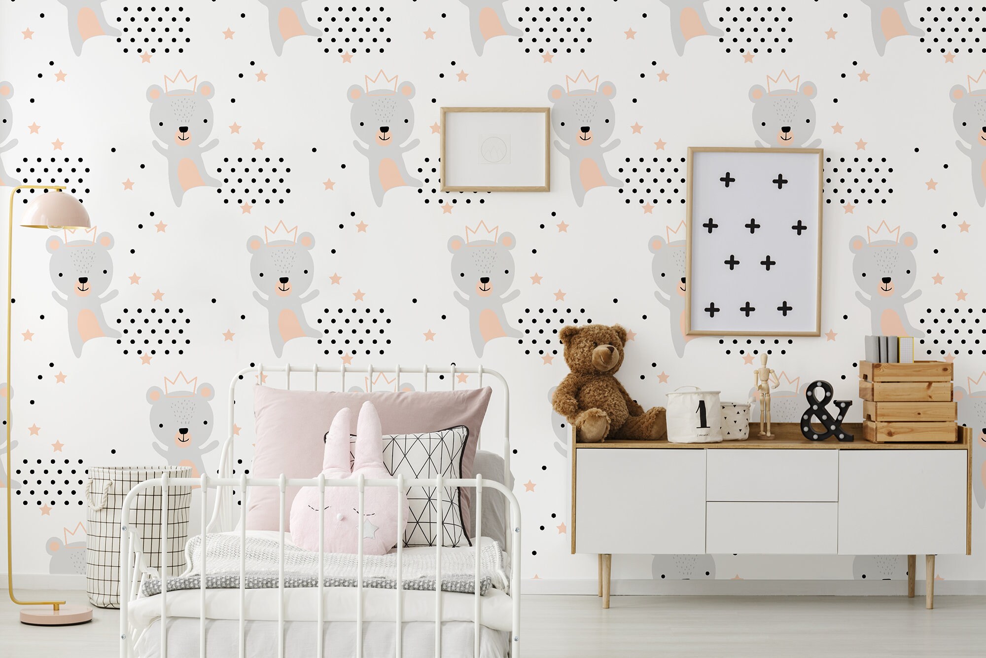 Helle Tapete für Kinder mit grauen Teddybären, Sternen und Punkten,  Kinderzimmer-Wandbild, abziehen und aufkleben, selbstklebend, abnehmbar,  Wanddekoration - Etsy Österreich, image size:2000x1334