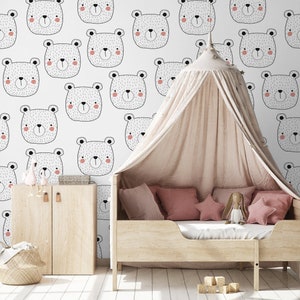 White and black wallpaper with bear face, Wall Decor, Self Adhesive (Peel and Stick), Non Self Adhesive (Vinyl), Kids, Nursery wallpaper