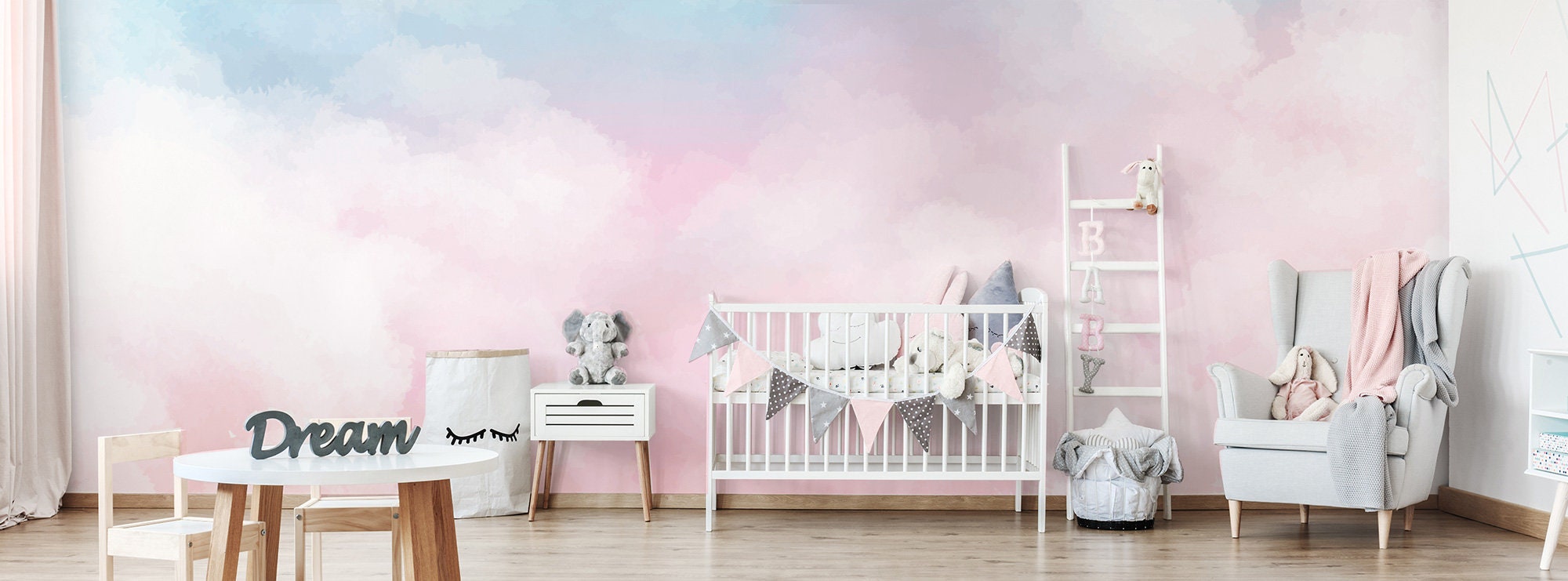 Watercolor Pastel Sky Cloud Wallpaper, Wall Mural for Kids, Peel and ...