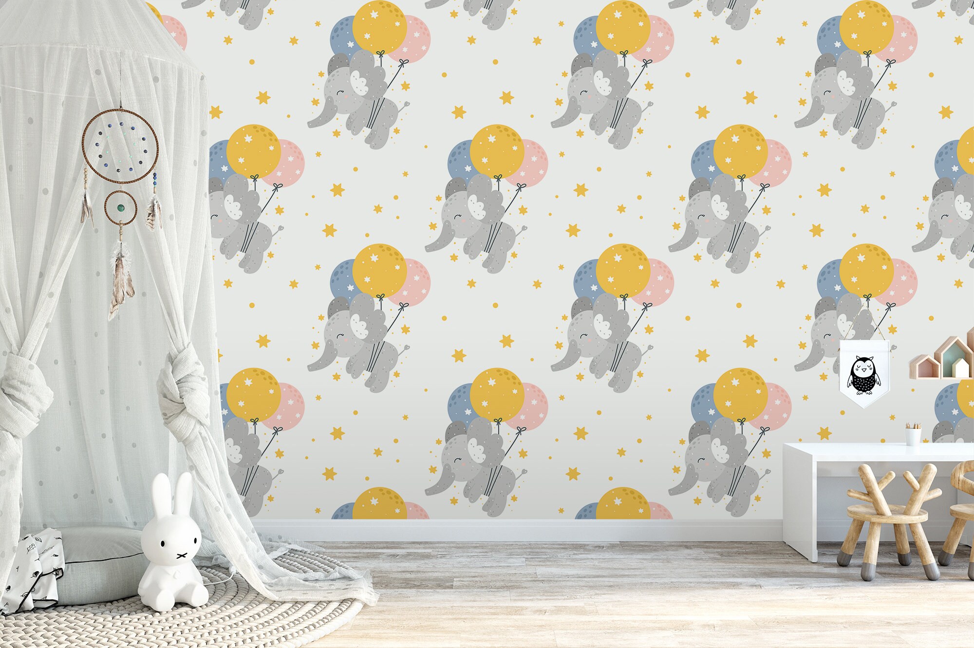Niedliche kindliche Tapete, fliegende Elefanten, Luftballons, Wandgemälde  für Kinder, Kinderzimmertapete, abziehen und aufkleben, selbstklebend,  abnehmbar, Wanddekoration - Etsy Österreich, image size:2000x1331
