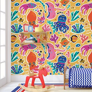 Papel pintado con lindas criaturas marinas de dibujos animados, Mural de pared, Removible, Autoadhesivo (Peel and Stick), No autoadhesivo (Vinilo)