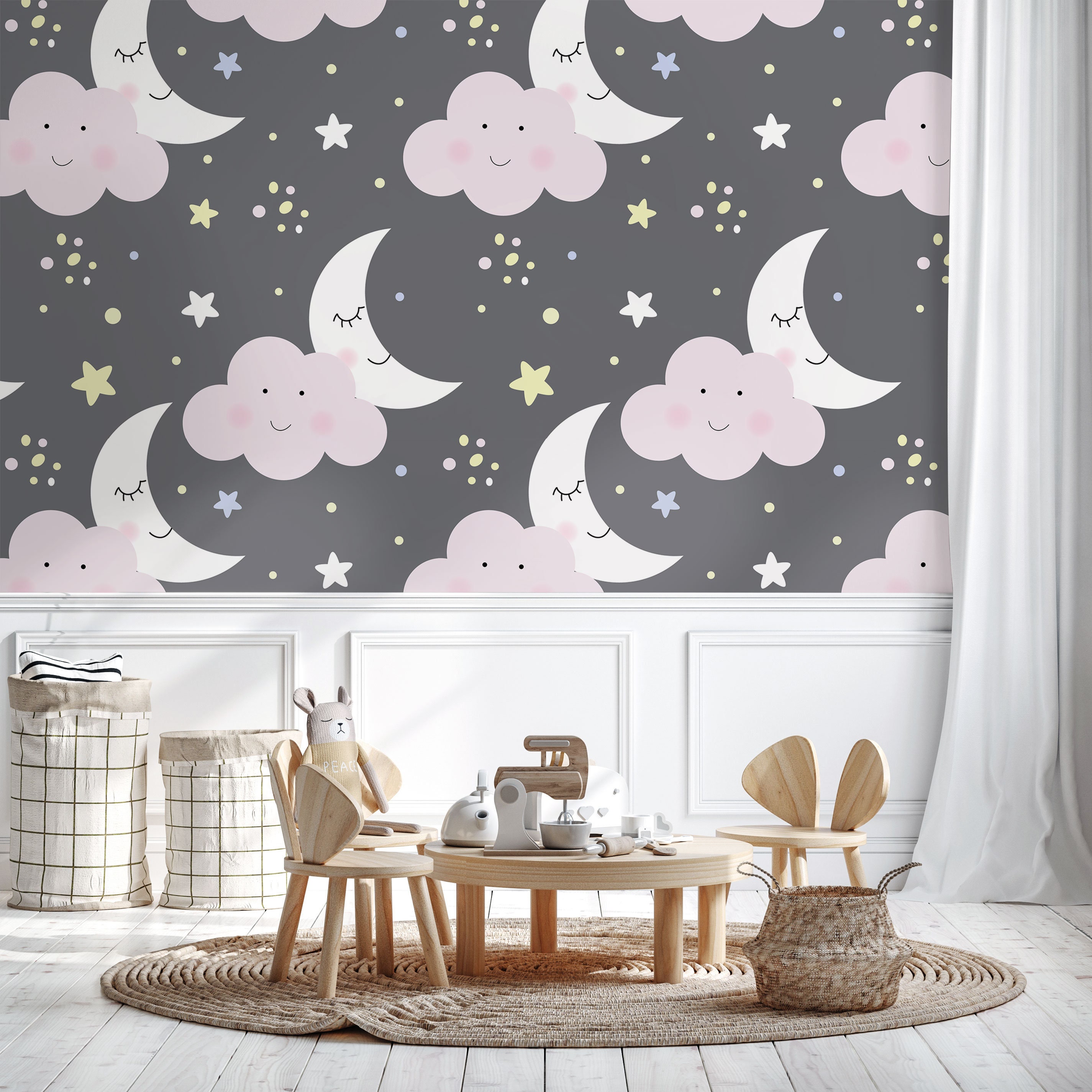 Wallpaper With Moon, Cloud and Stars, Nursery Wall Mural, Peel and ...