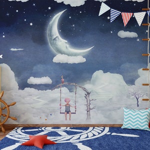 Watercolor Magical Night Mural, Moon and Stars, Wallpaper for Kids ...