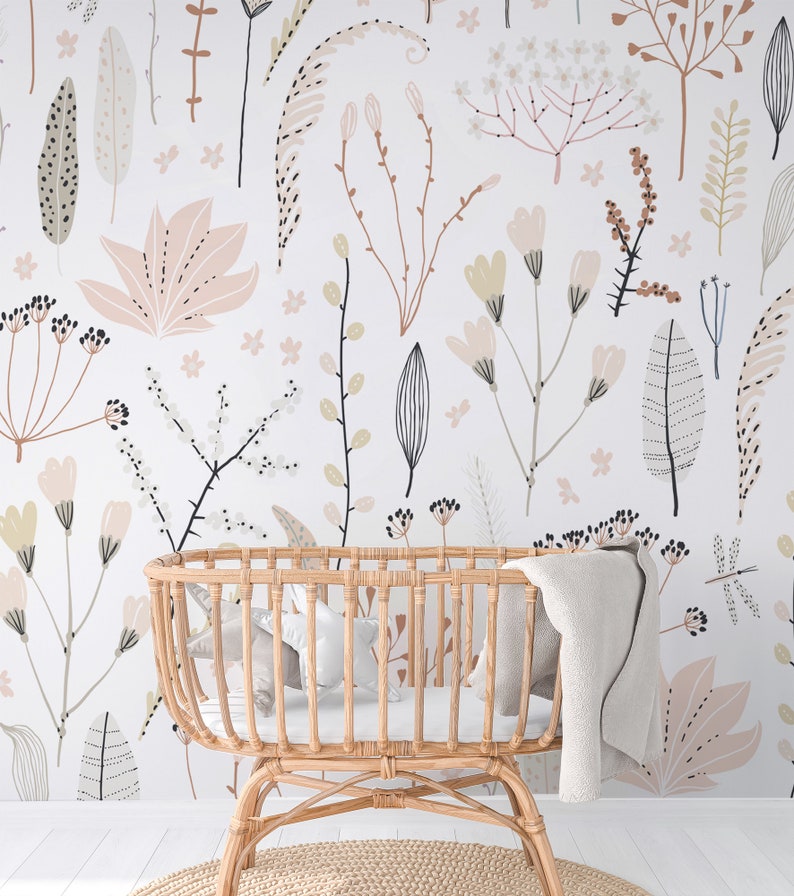 Pattern with flowers, branches, leaves, vintage wallpaper | Peel and Stick, Self Adhesive, Baby & Kids Room, Removable Nursery Mural image 3
