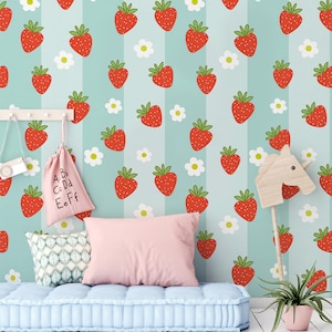 Carta da parati a strisce di fragole con fiori, decorazione murale, rimovibile, decorazione da parete per la cameretta dei bambini, autoadesiva (stacca e incolla), non autoadesiva (vinile)