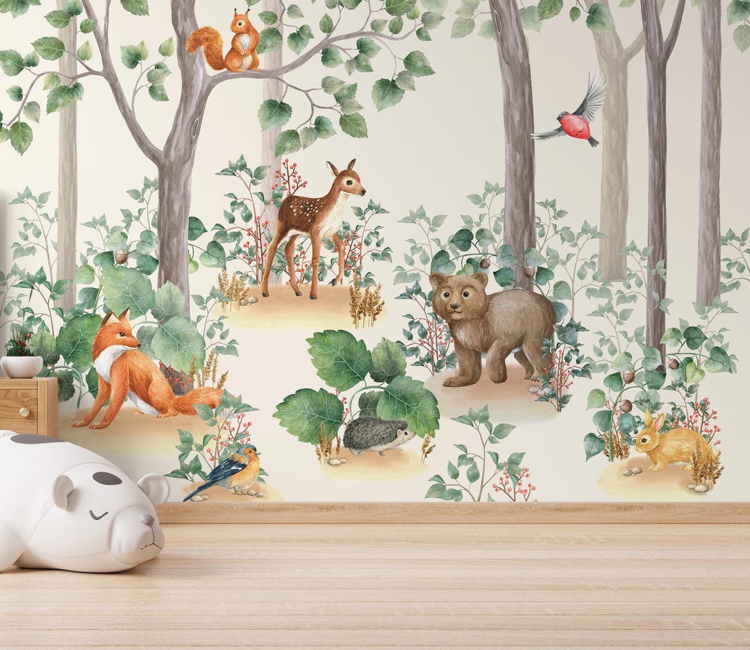 Forest Animals Woodland Watercolor Wallpaper,wall Art, Wall Decor ...