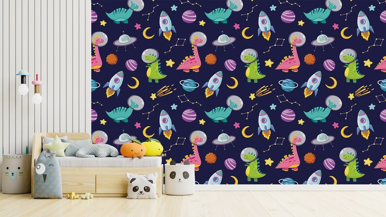 May include: A seamless pattern featuring colorful dinosaurs wearing astronaut helmets, rockets, planets, stars, and crescent moons on a dark blue background.