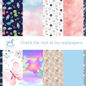 May include: A collage of 10 different baby wallpaper designs. The designs include a pink floral pattern, a blue space-themed pattern, a pink and blue cloud pattern, a white and blue space-themed pattern, a pink fur pattern, a blue dinosaur pattern, a blue fox and cloud pattern, a white butterfly pattern, a rainbow unicorn pattern, a beige forest pattern, a blue striped pattern, and a blue heart pattern. The text "Check the rest of my wallpapers" is displayed in the center of the collage.