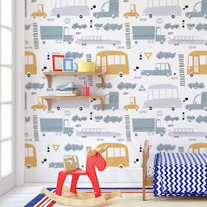 Cartoon vehicles mural, car pattern, Wallpaper for Kids, Nursery Wall Mural, Peel and Stick, Self-Adhesive, Wall Decor