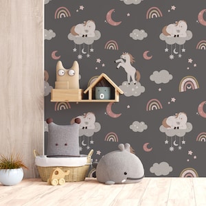 Wallpaper with unicorn, cloud, rainbow, stars and moon, Nursery Wall Mural, Peel and Stick, Self-Adhesive, Wall Decor