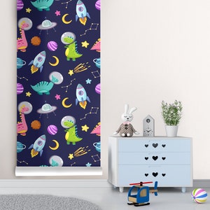 May include: A 39-inch (100 cm) wallpaper roll with a repeating pattern of dinosaurs wearing astronaut helmets, spaceships, planets, stars, and comets on a dark blue background.