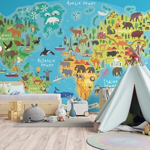 Fond d'écran de carte du monde de dessin animé, carte de la Terre, animaux du monde | Peel and Stick, Auto-adhésif, Chambre de bébé et d’enfants, Murale de pépinière amovible