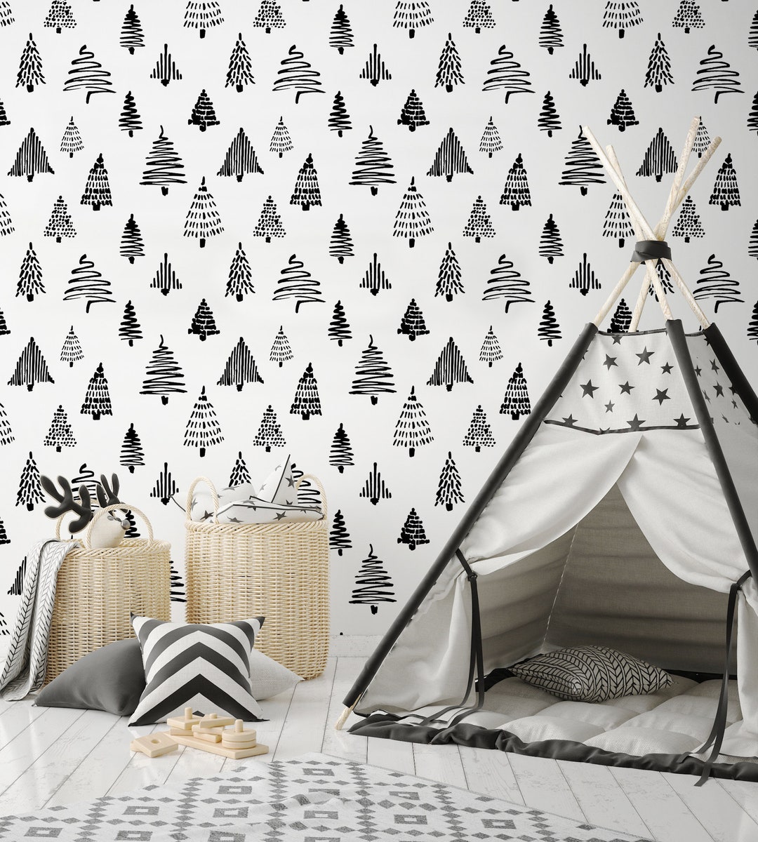 Black and White Kids Wallpaper With Dand Drawn Trees Conifer - Etsy