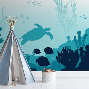 Tapete mit Unterwassertieren, Schildkröte, Fisch, Marine, Korallenriff, Meer, Ozean, Kinderzimmer-Wandbild, abziehen und aufkleben, selbstklebend, Wanddekoration