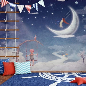 Himmelsstadt-Tapete, Kinder auf fantastischen Wolken und Mond am Himmel, Kinderzimmer-Wandbild, abziehen und aufkleben, selbstklebend, Wanddekoration